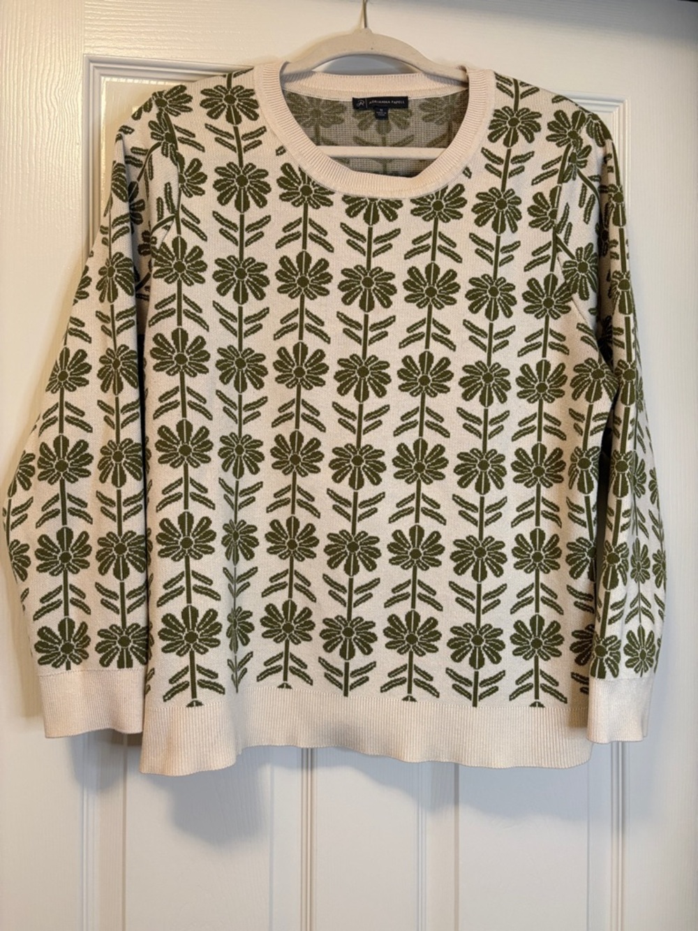 Adrianna Papell Folk Floral Pattern Crewneck Sweater - Cream with Olive Green